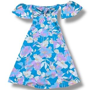 NWT Urban Outfitters En Creme Blue Pink Off Shoulder Floral Midi Dress - Large